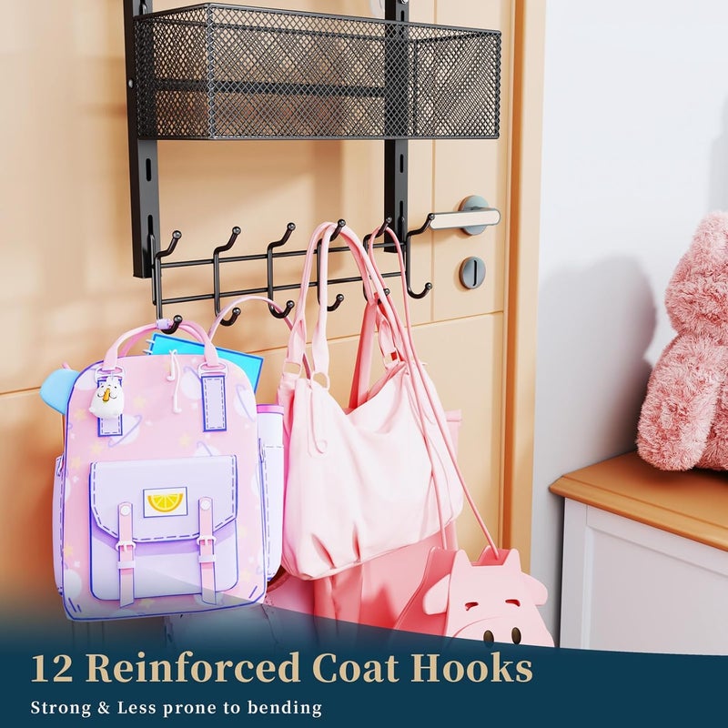Consumest Over The Door Hooks Organizer - 4 Tier Door Coat Rack with 3 Baskets and 12 Hooks, Stainless Steel Towel Hanger for Bedroom, Bathroom, Living Room, Black - Image 4